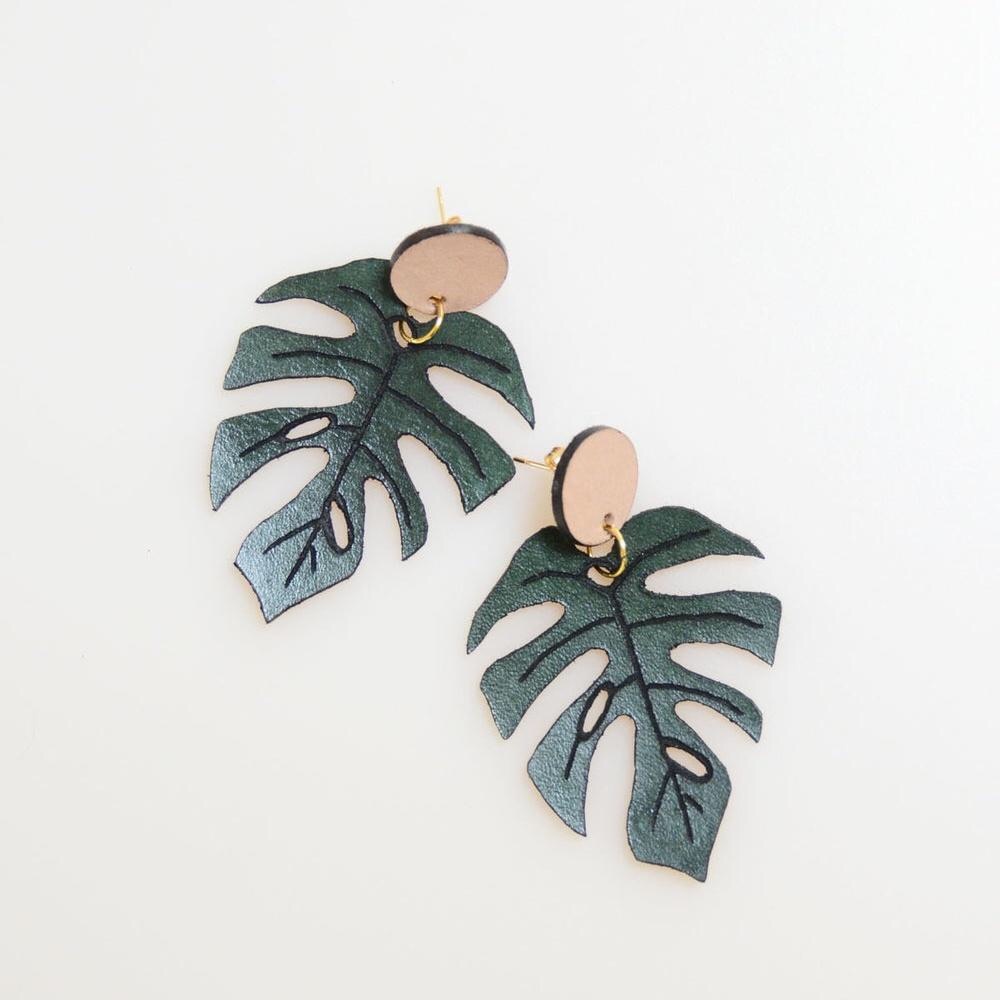 Leather Monstera Leaf Earrings